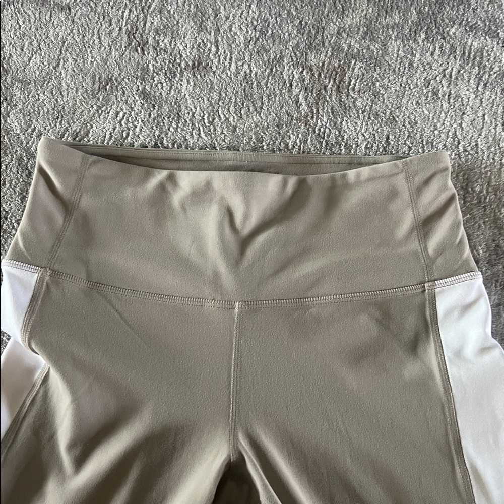 Athleta Exhale Mesh Capri leggings in quail beige and white color block - Picture 4 of 7